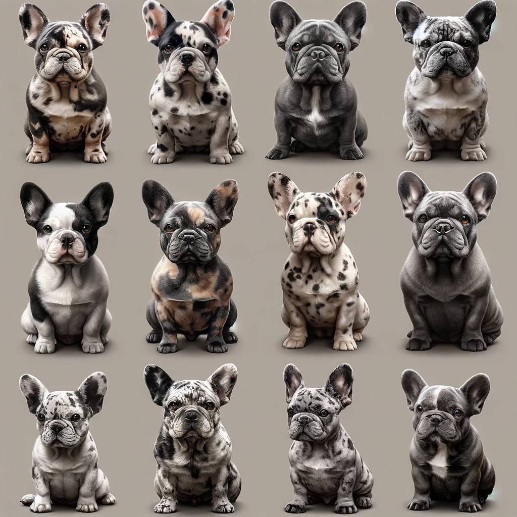 صورة توضح مجموعة متنوعة من أنماط المعاطف في Merle French Bulldogs ، مما يعكس التنوع الجيني لهذه السلالة الفريدة
