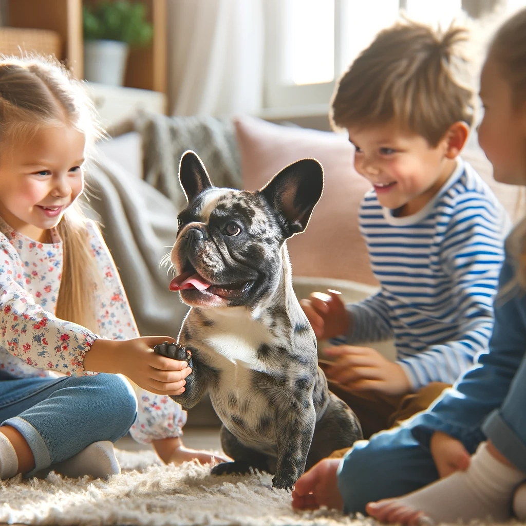 Un Bulldog francese Merle che gioca con i bambini in un ambiente familiare, mettendo in mostra la sua natura giocosa e affettuosa