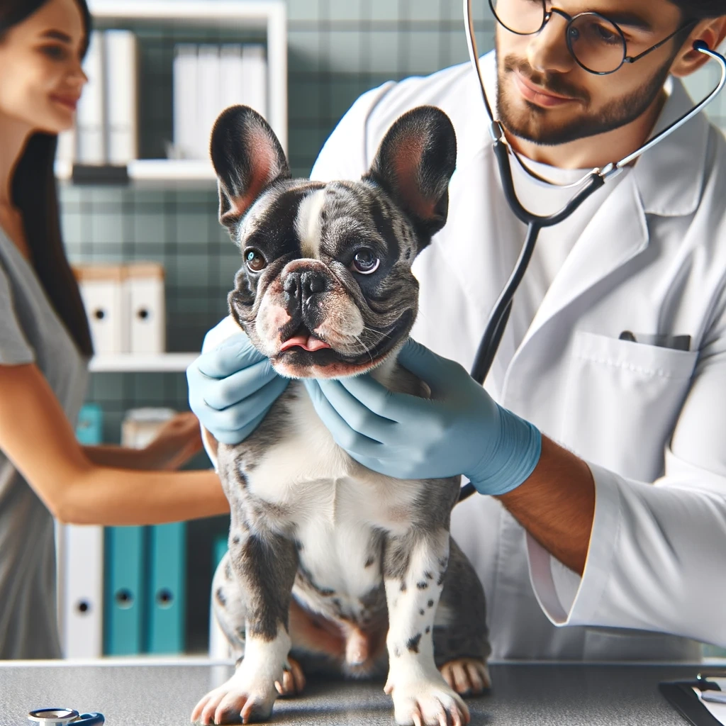 Merle Buldogue Francês recebendo cuidados veterinários, enfatizando a importância de check-ups de saúde regulares para esta raça