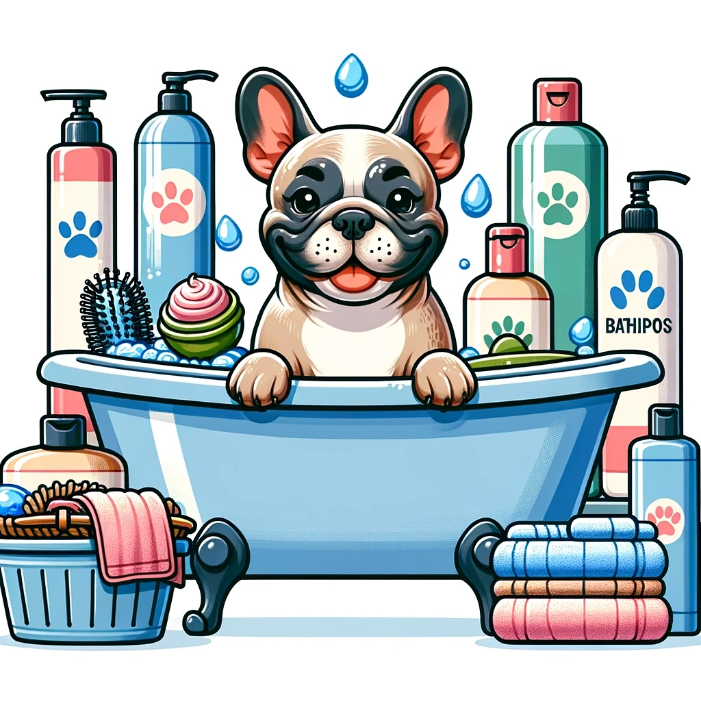 رسم توضيحي لكلب بولدوغ فرنسي مريح في حوض الاستحمام ، محاط بمنتجات الاستحمام الصديقة للكلاب والمضادة للحساسية ، مما ينقل إحساسا بالعناية والوداعة.