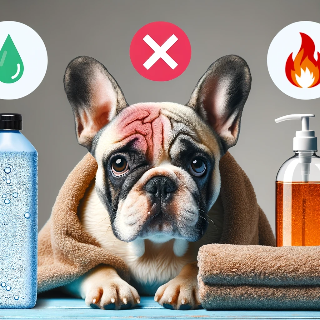 Illustration showing a distressed French Bulldog with red, irritated skin, next to harsh chemical shampoo and a rough towel, highlighting common bathing mistakes