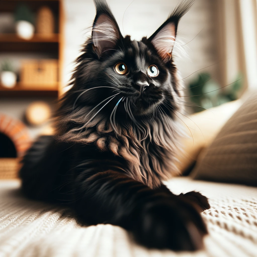 A healthy black Maine Coon in a playful pose