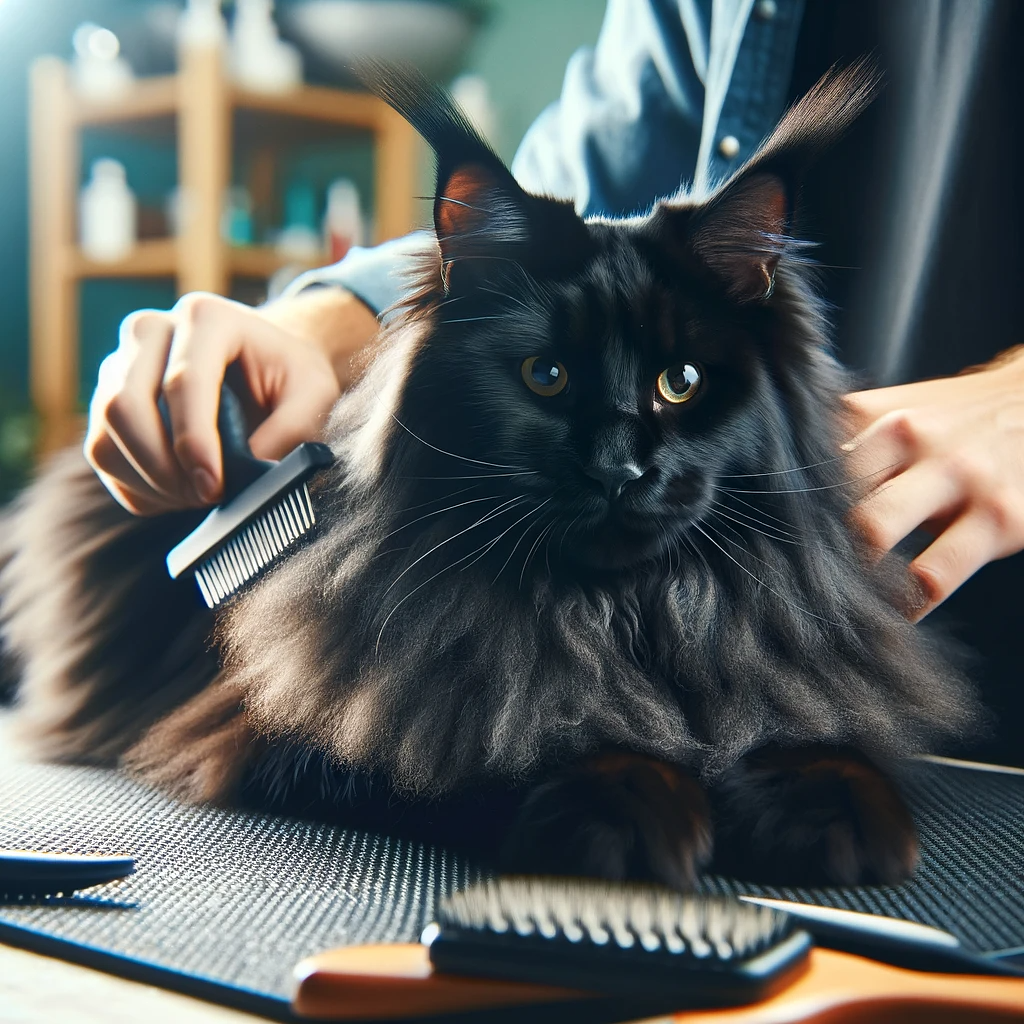 Black Maine Coon during grooming session