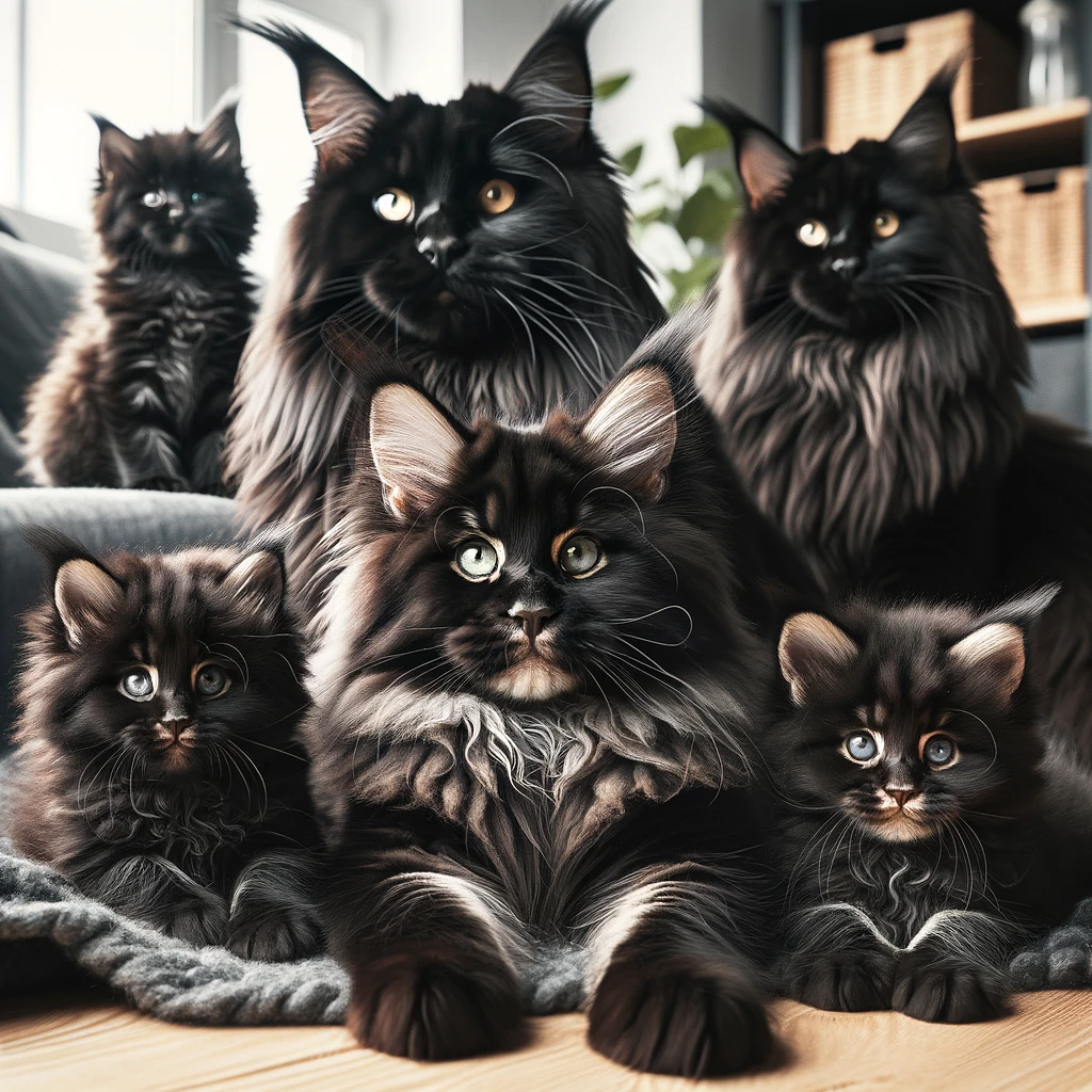 Black Maine Coon kittens with their parents